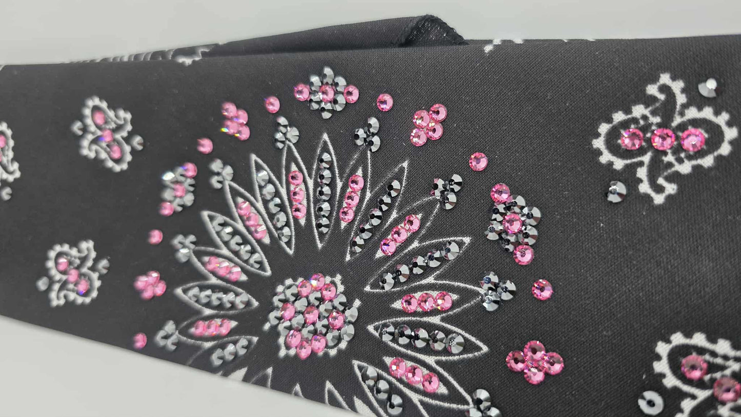 EXTRA BLING - Black Paisley Bandana with Black and Rose Austrian Crystals (sku6405)