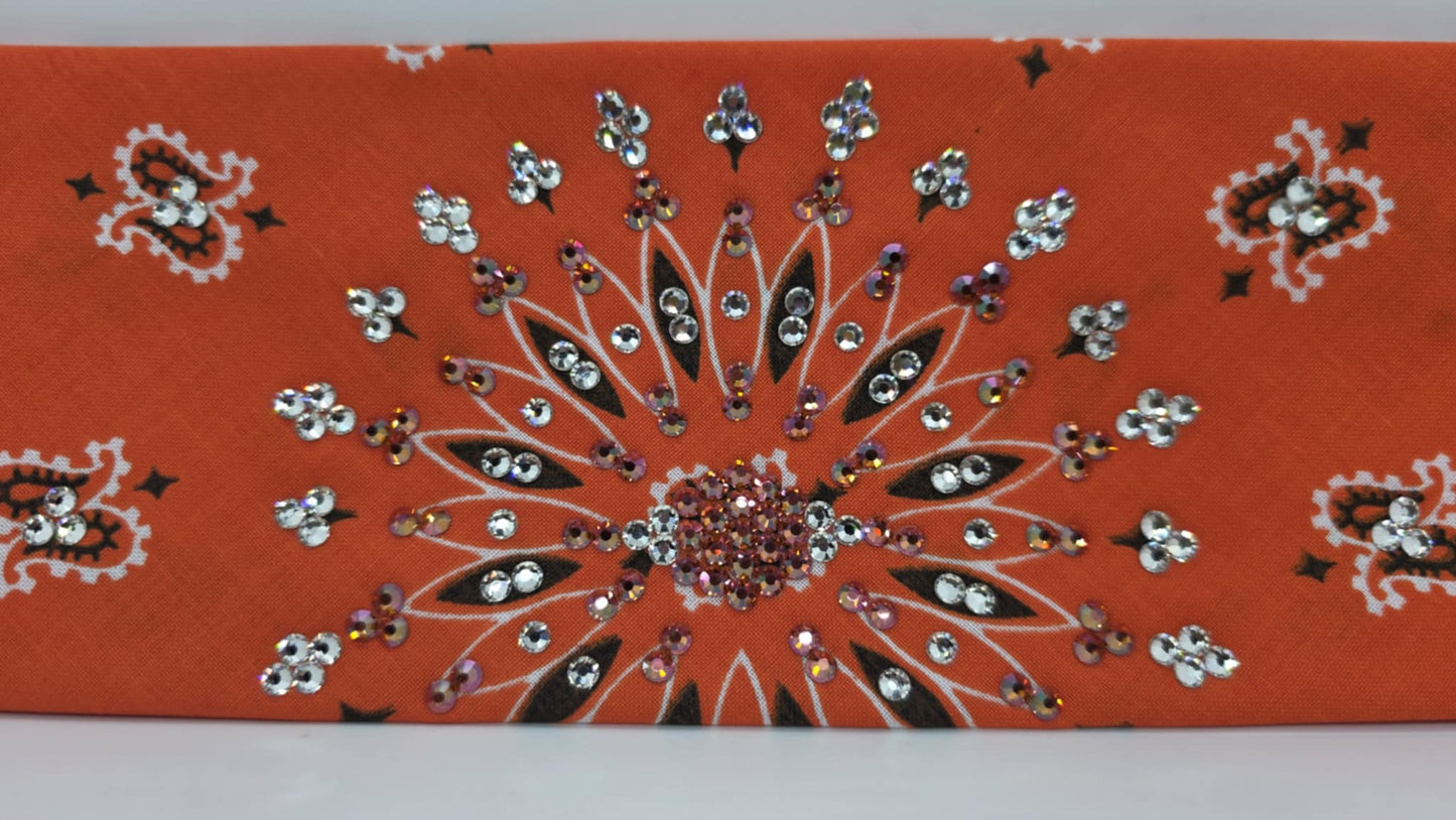 EXTRA BLING - Orange Paisley Bandana with Lava and Diamond Clear Austrian Crystals (sku6392)