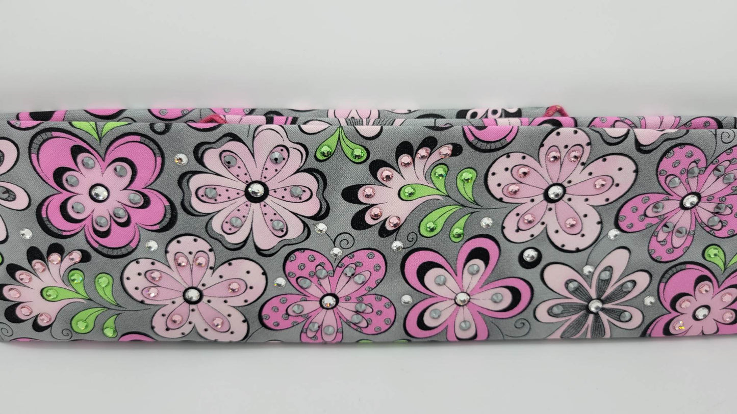 Pink Flowers on Gray with Pink, Black Bandana and Diamond Clear Austrian Crystals (Sku1040)