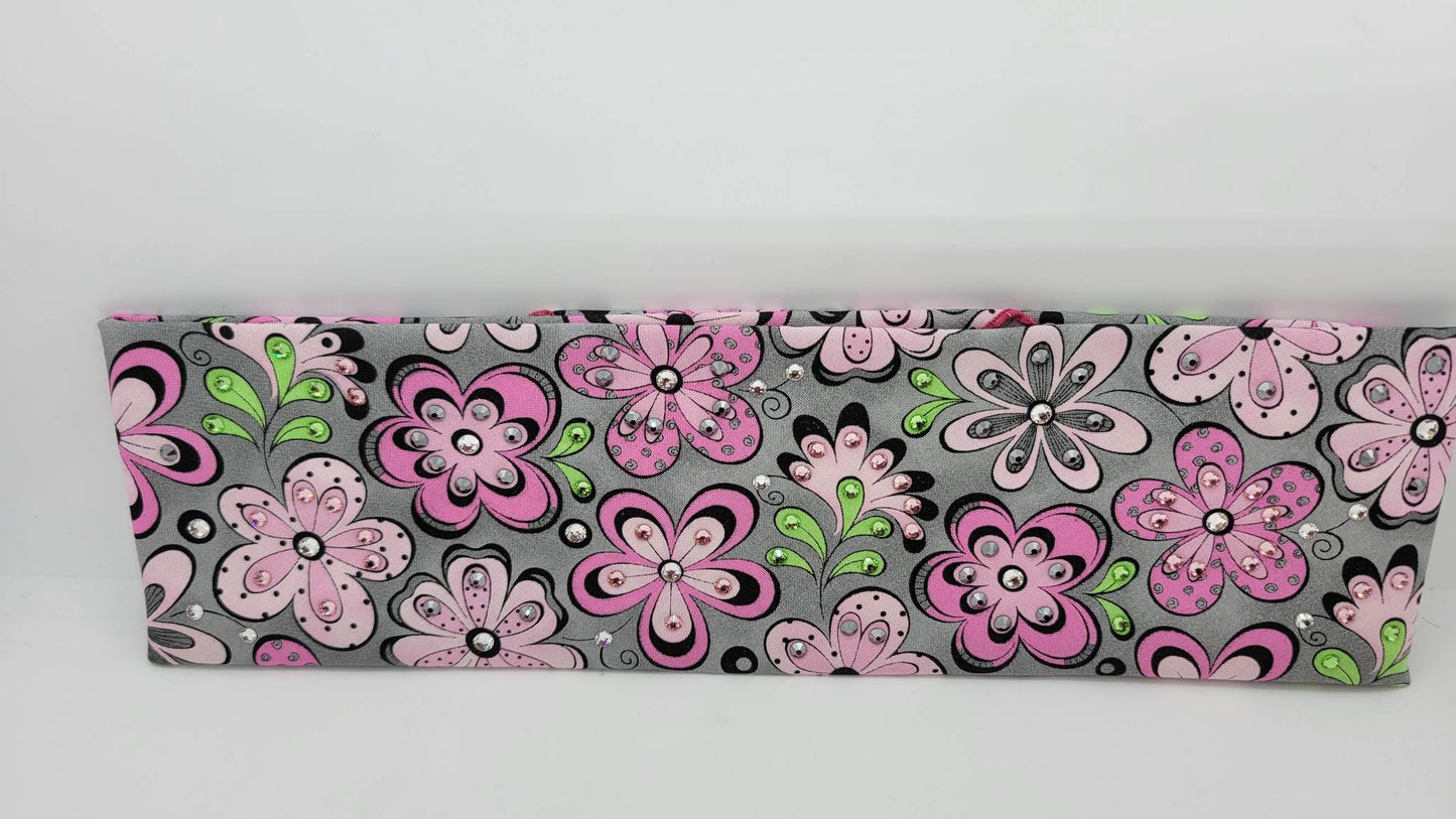 Pink Flowers on Gray with Pink, Black Bandana and Diamond Clear Austrian Crystals (Sku1040)