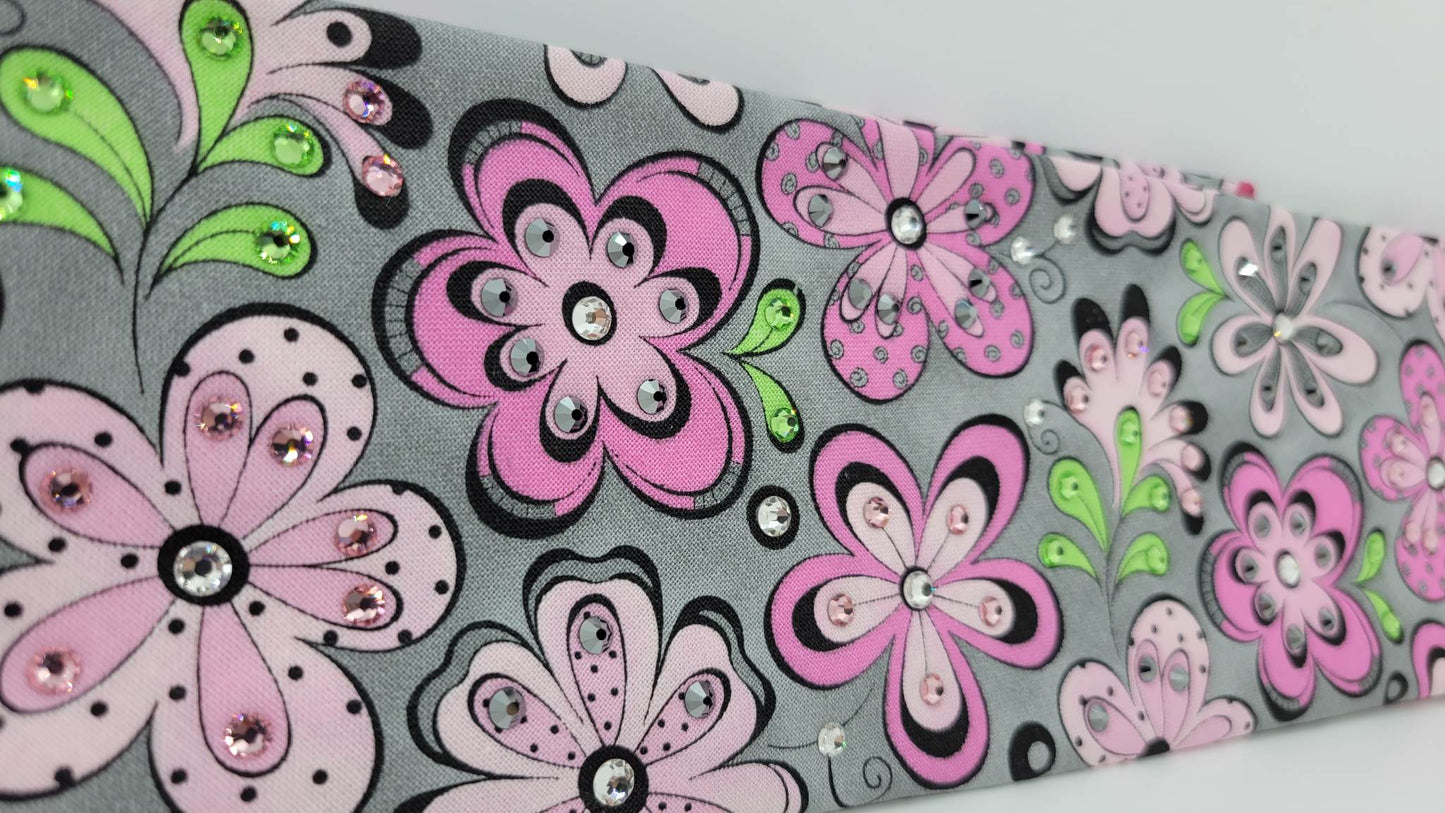 Pink Flowers on Gray with Pink, Black Bandana and Diamond Clear Austrian Crystals (Sku1040)