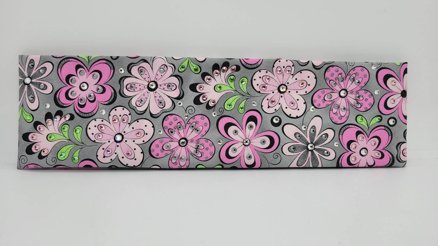 Pink Flowers on Gray with Pink, Black Bandana and Diamond Clear Austrian Crystals (Sku1040)