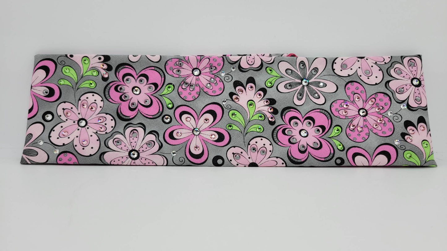 Pink Flowers on Gray with Pink, Black Bandana and Diamond Clear Austrian Crystals (Sku1040)