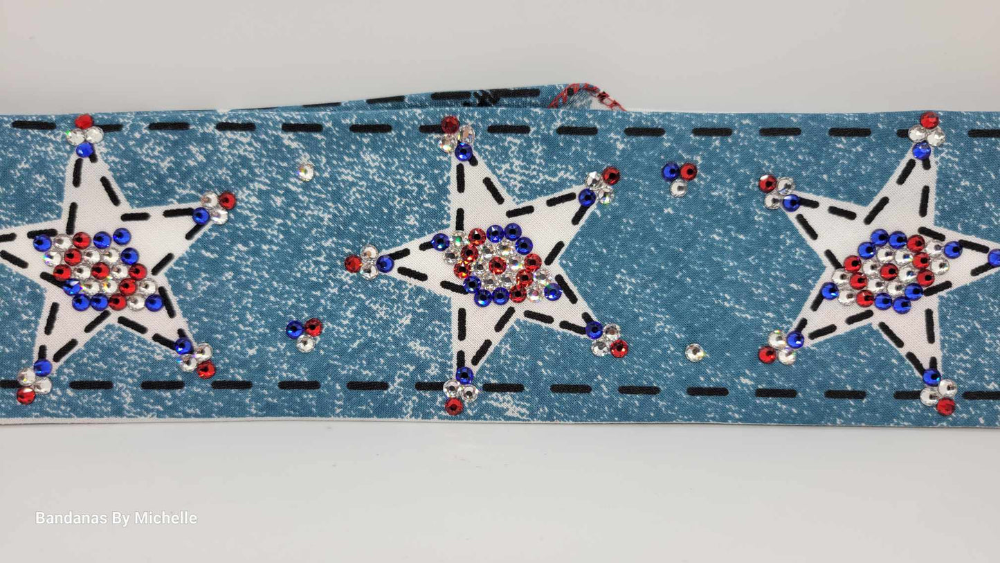 Narrow Red, White and Blue Star Bandana with Red, Blue and Diamond Clear Austrian Crystals (Sku1067)
