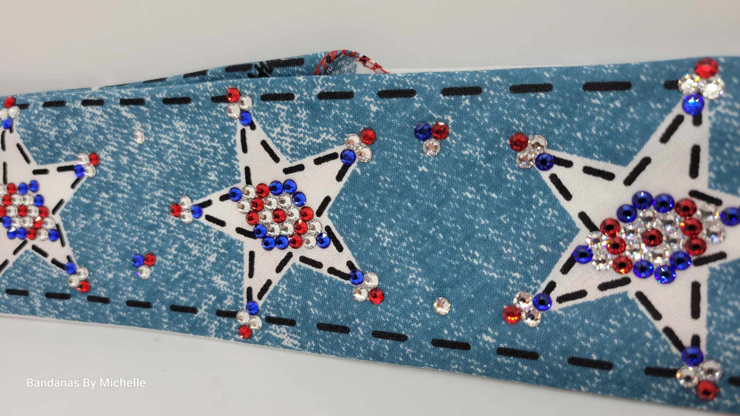 Narrow Red, White and Blue Star Bandana with Red, Blue and Diamond Clear Austrian Crystals (Sku1067)