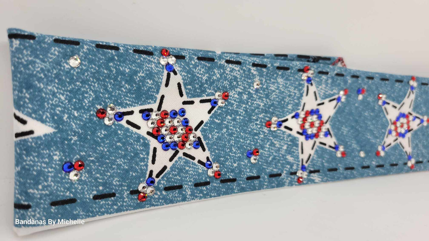 Narrow Red, White and Blue Star Bandana with Red, Blue and Diamond Clear Austrian Crystals (Sku1067)