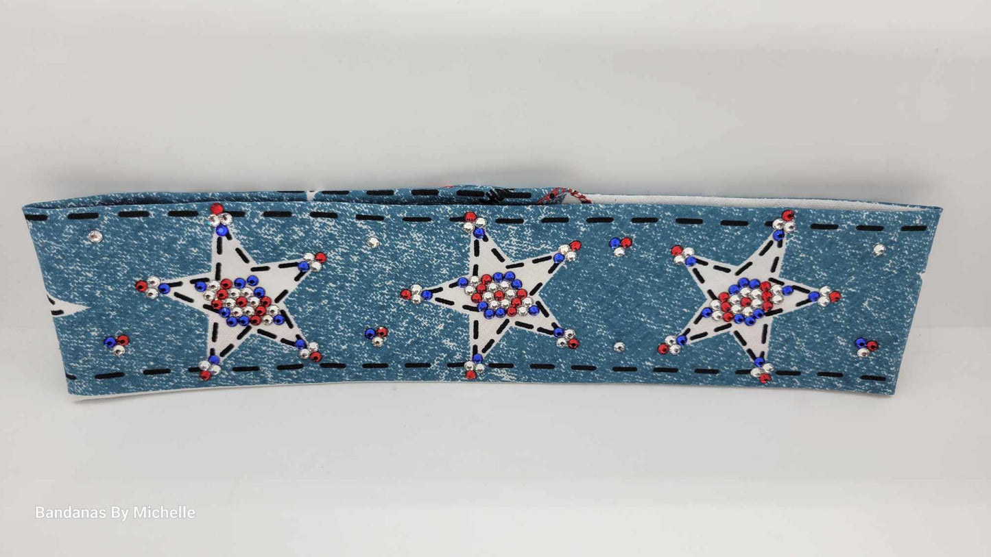 Narrow Red, White and Blue Star Bandana with Red, Blue and Diamond Clear Austrian Crystals (Sku1067)