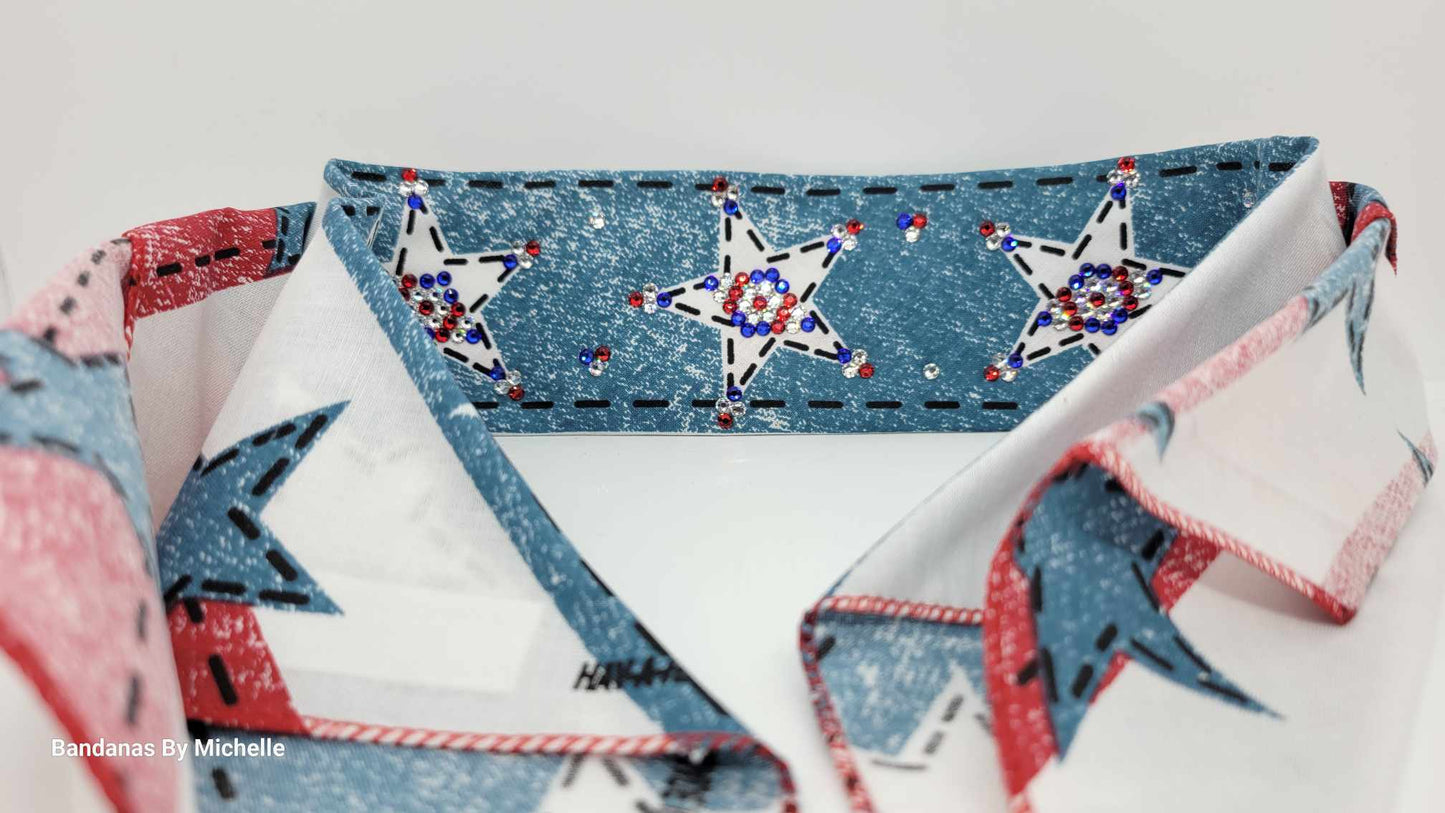 Narrow Red, White and Blue Star Bandana with Red, Blue and Diamond Clear Austrian Crystals (Sku1067)