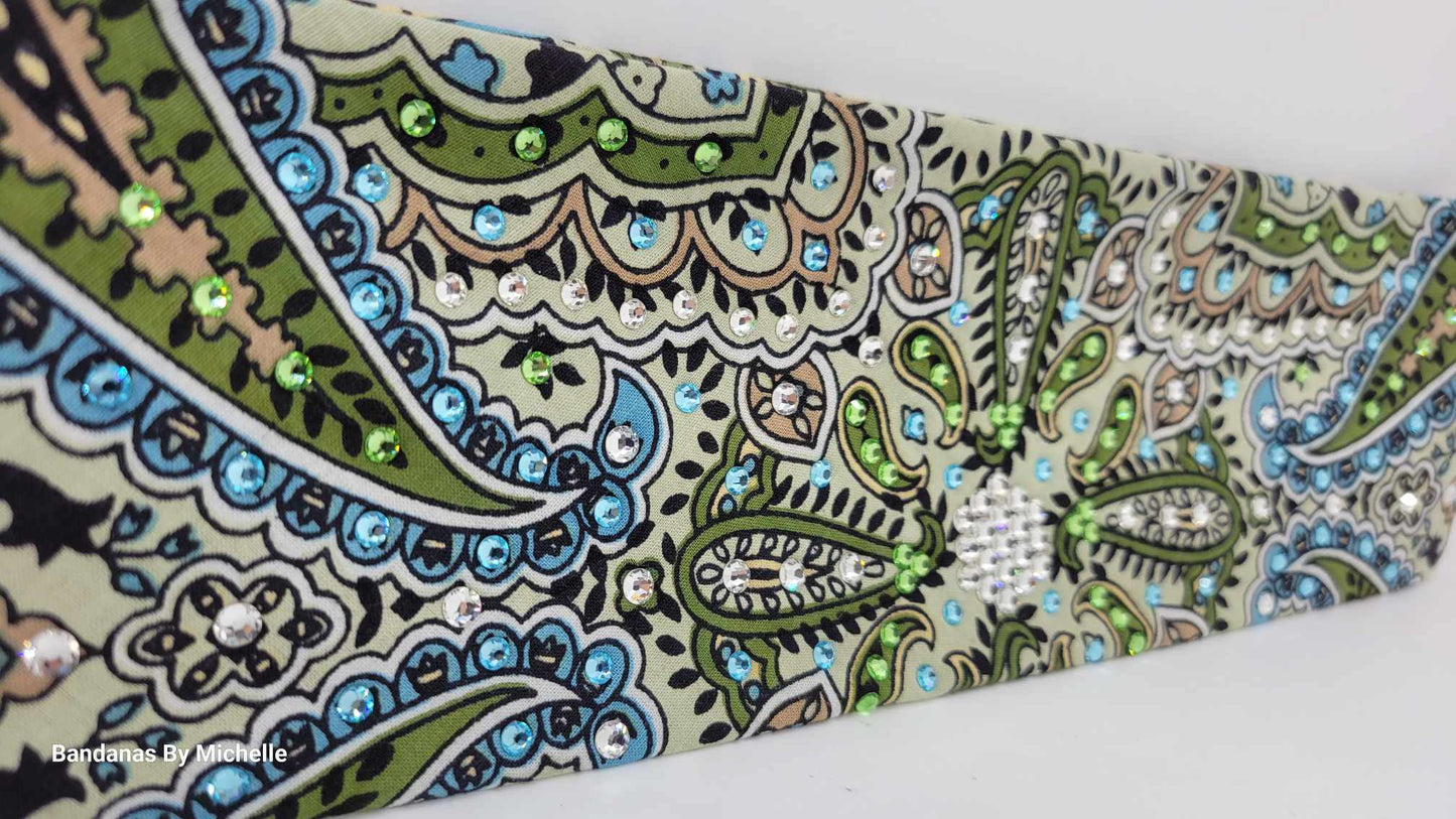 Mint Green Indian Bandana with Turquoise, Light Green and Diamond Clear Austrian Crystals (Sku1074)