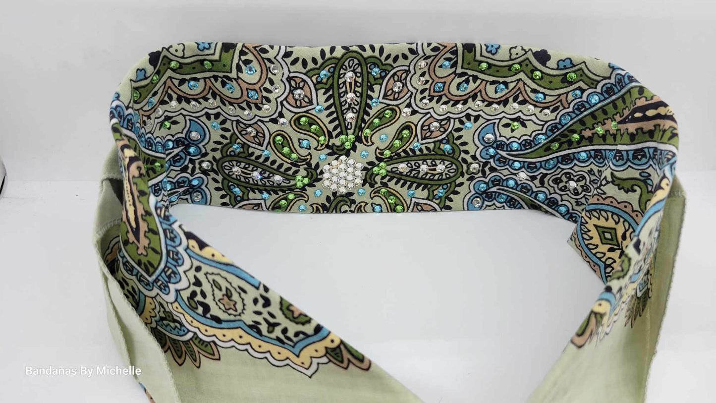 Mint Green Indian Bandana with Turquoise, Light Green and Diamond Clear Austrian Crystals (Sku1074)