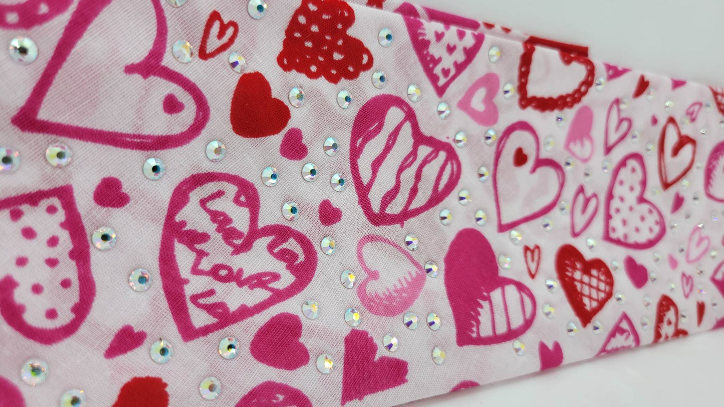 Hearts on White Bandana with Aurora Borealis Austrian Crystals (Sku1154)