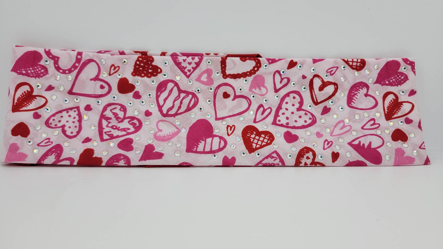 Hearts on White Bandana with Aurora Borealis Austrian Crystals (Sku1154)