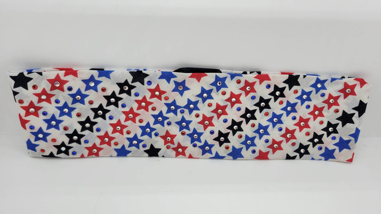 Red and Blue Stars Bandana on White with Red, Blue and Diamond Clear Austrian Crystals (Sku1159)