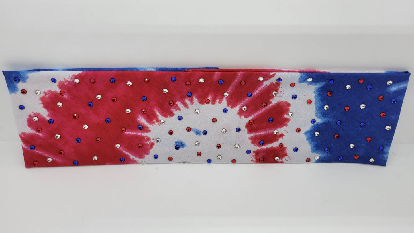 Red, White and Blue Tie-Dye with Red, Blue and Diamond Clear Austrian Crystals (Sku1160
