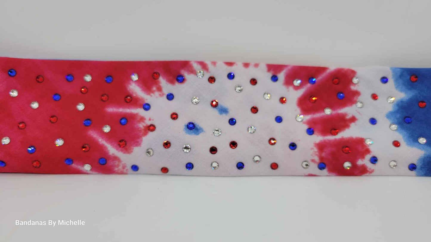 Narrow Red, White and Blue Tie-Dye Bandana with Red, Blue and Diamond Clear Austrian Crystals (Sku1161)