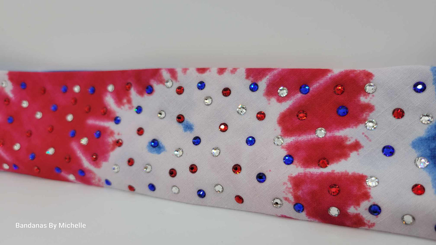 Narrow Red, White and Blue Tie-Dye Bandana with Red, Blue and Diamond Clear Austrian Crystals (Sku1161)