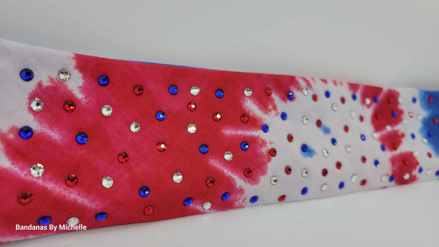 Narrow Red, White and Blue Tie-Dye Bandana with Red, Blue and Diamond Clear Austrian Crystals (Sku1161)