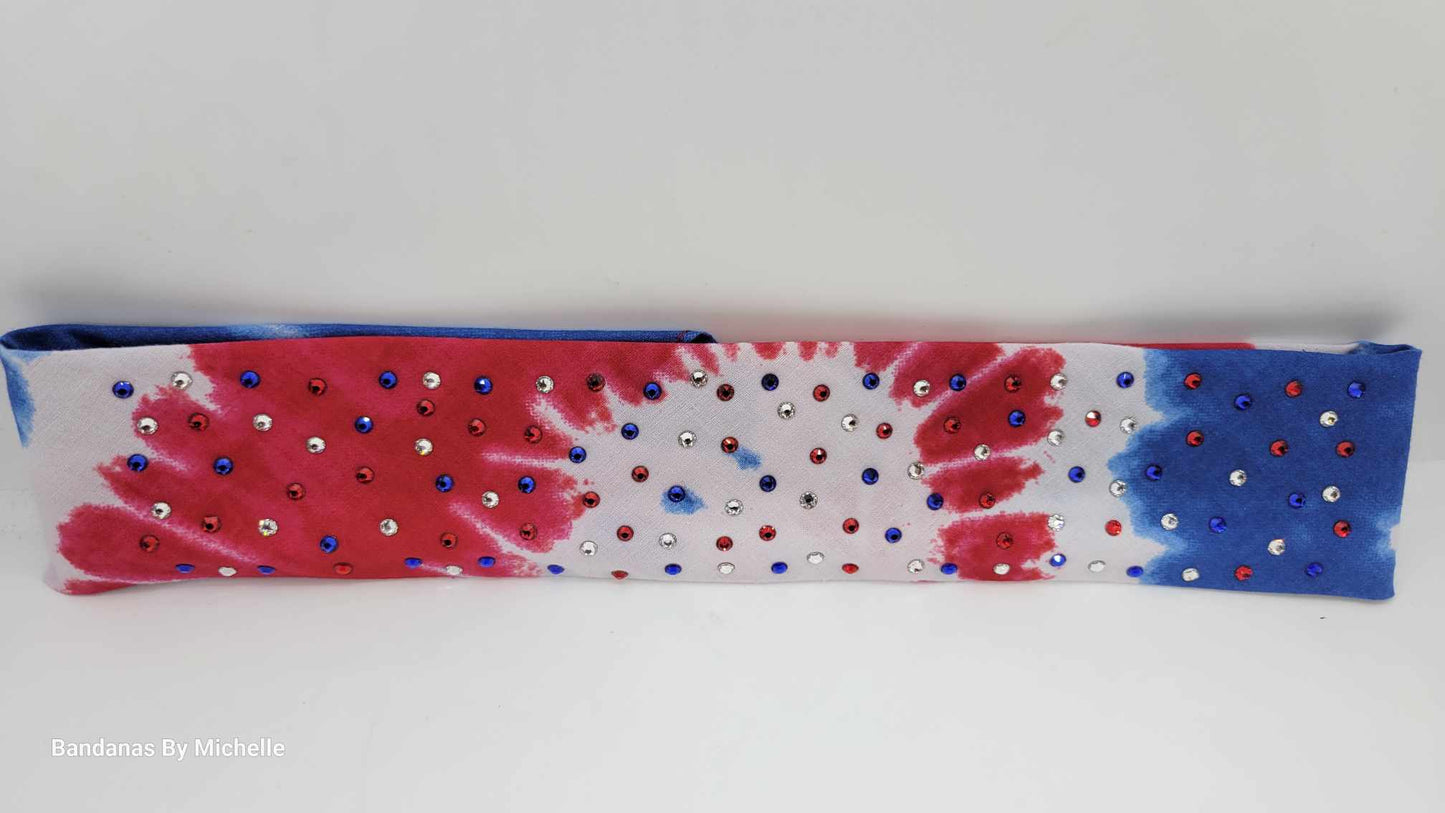 Narrow Red, White and Blue Tie-Dye Bandana with Red, Blue and Diamond Clear Austrian Crystals (Sku1161)