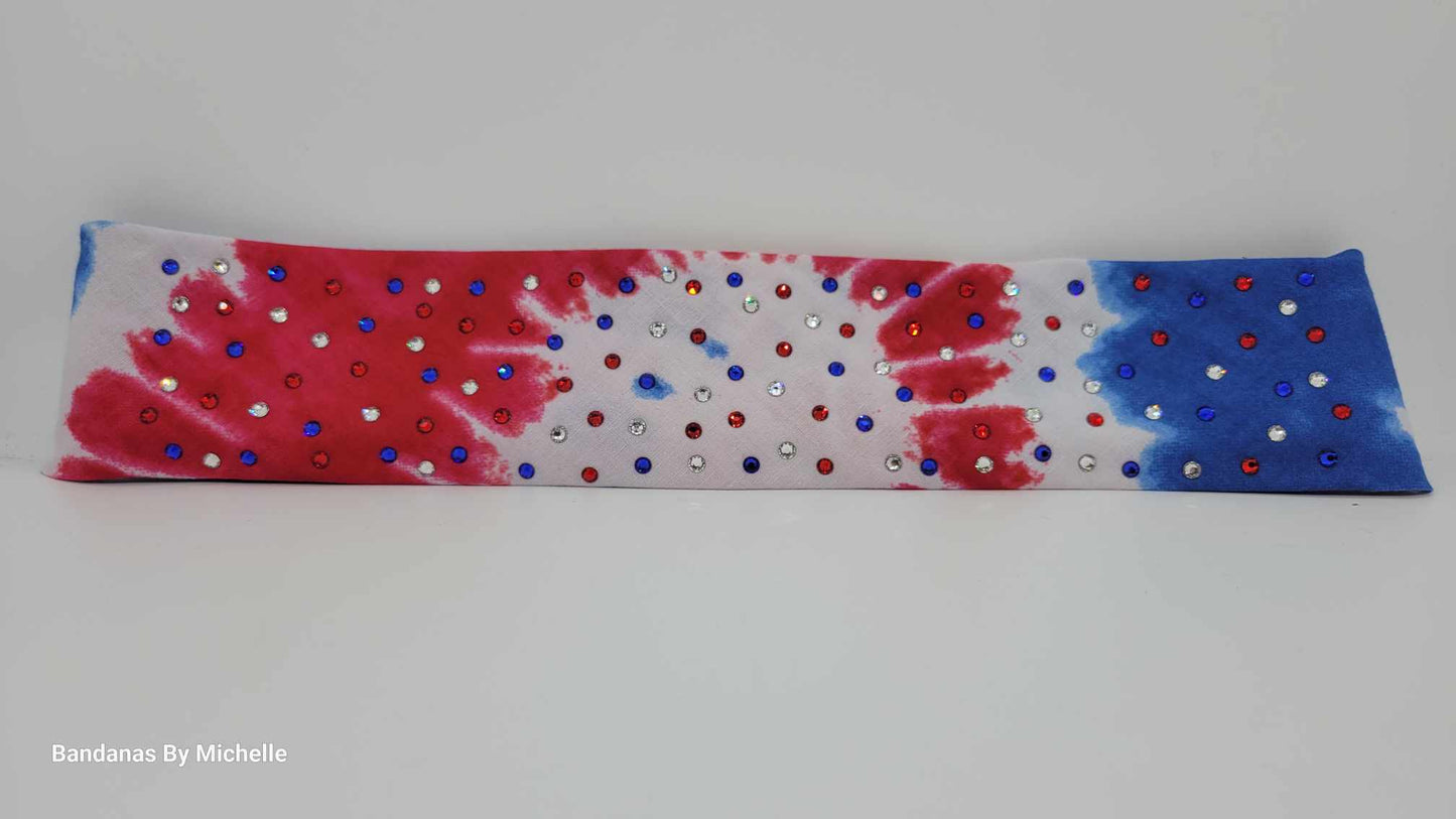 Narrow Red, White and Blue Tie-Dye Bandana with Red, Blue and Diamond Clear Austrian Crystals (Sku1161)