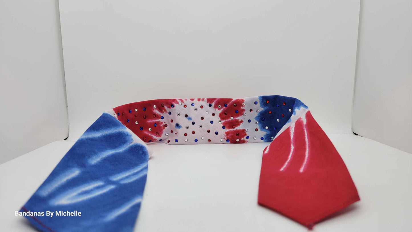 Narrow Red, White and Blue Tie-Dye Bandana with Red, Blue and Diamond Clear Austrian Crystals (Sku1161)