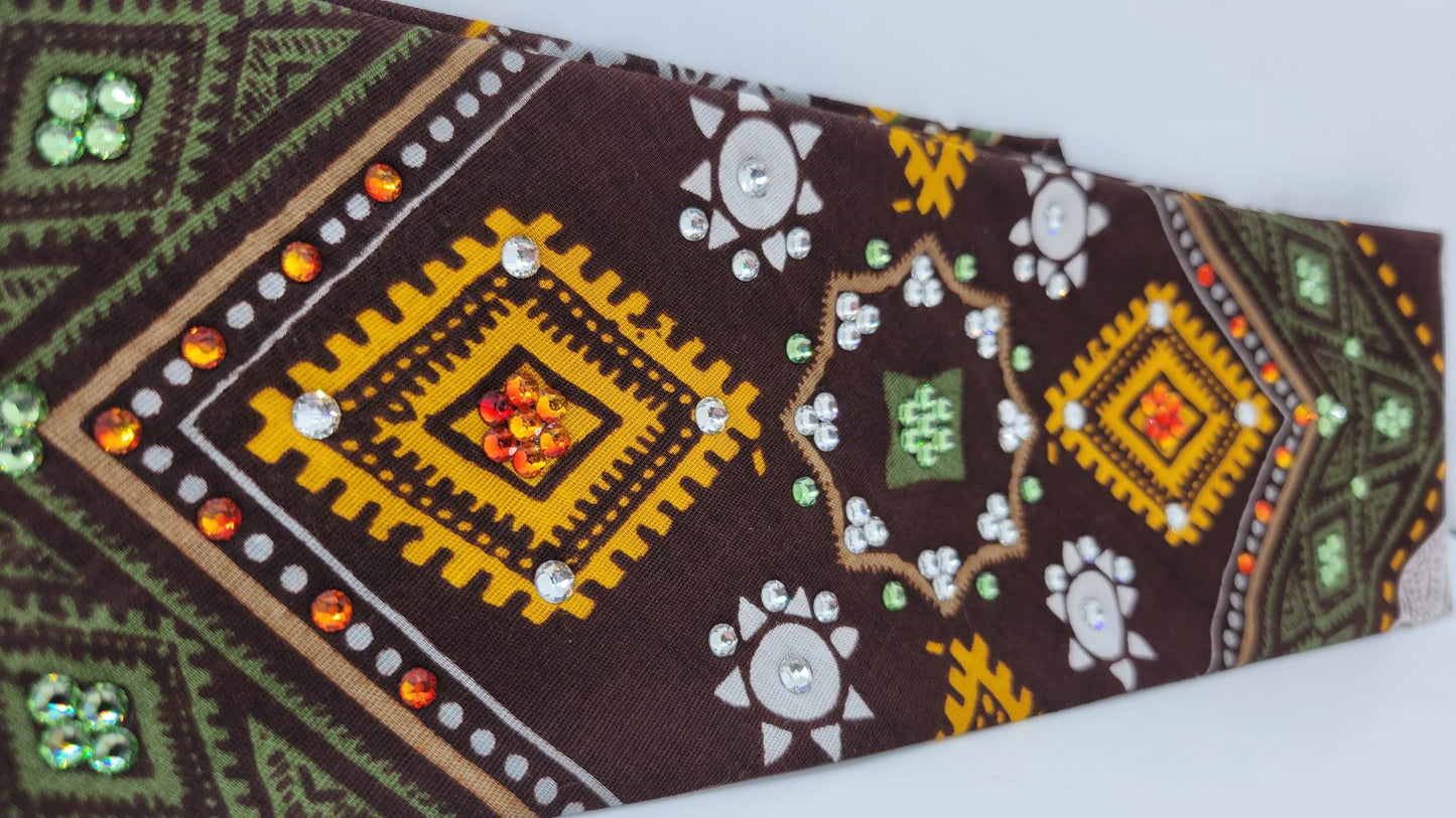 Narrow Aztec Brown Elephant with Light Green, Orange and Diamond Clear Austrian Crystals (Sku1175)