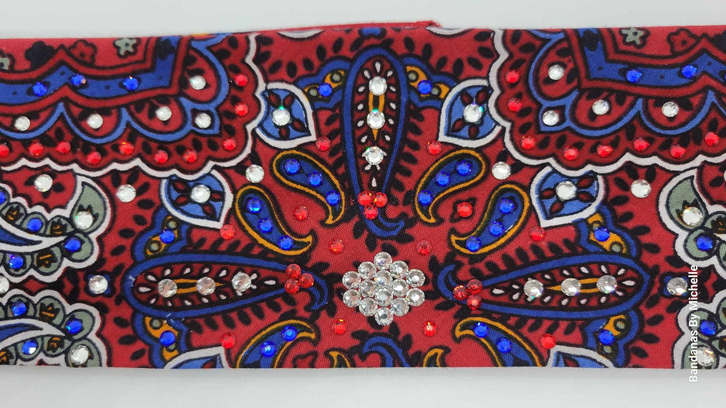 Red Indian Style Bandana with Red, Blue and Diamond Clear Austrian Crystals (Sku1203)