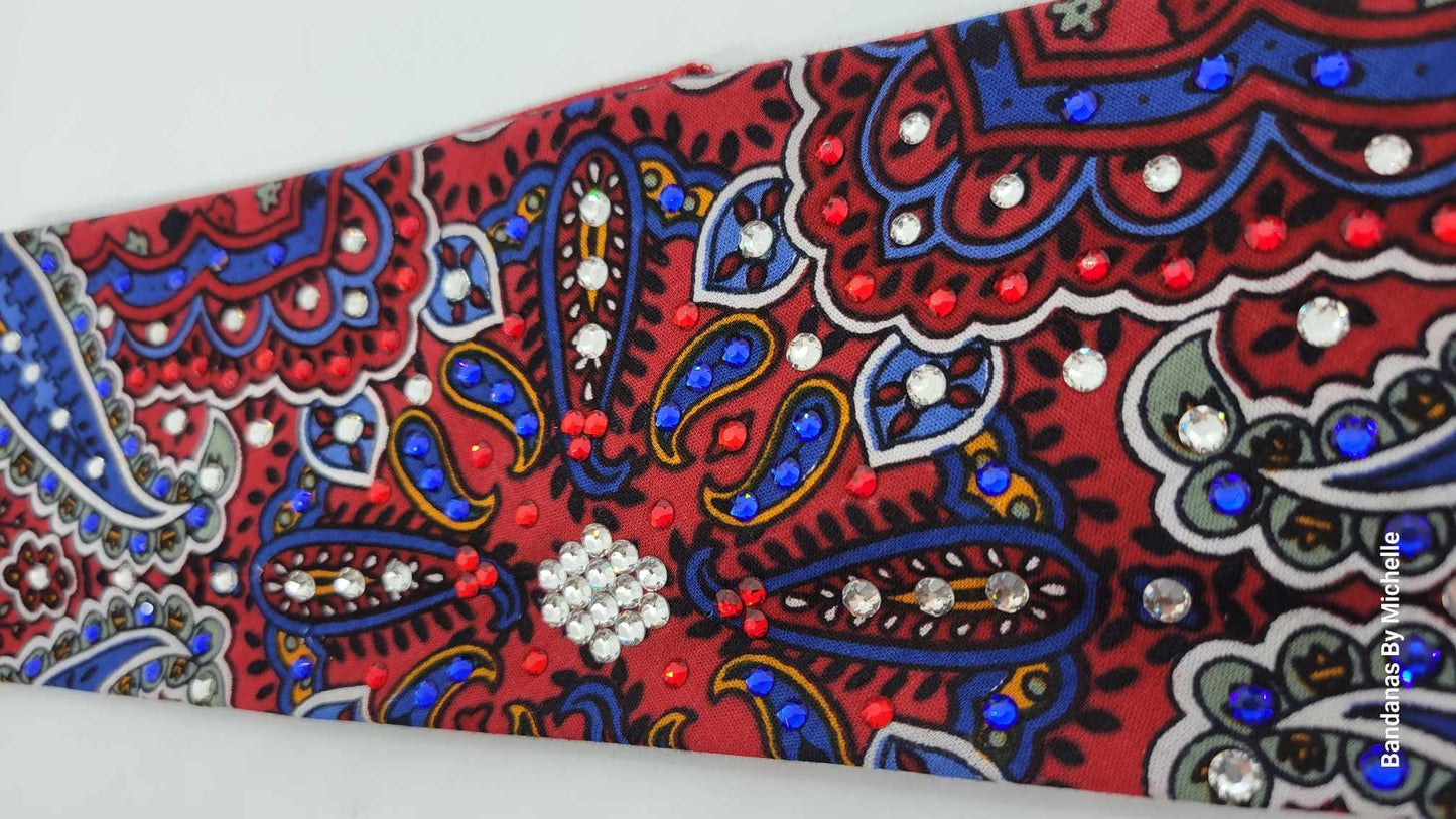 Red Indian Style Bandana with Red, Blue and Diamond Clear Austrian Crystals (Sku1203)