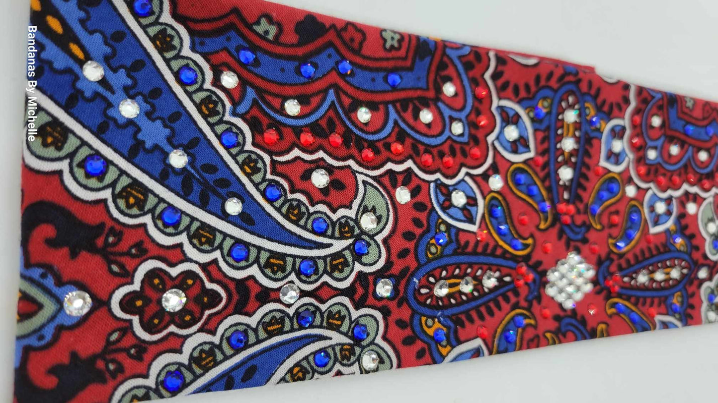 Red Indian Style Bandana with Red, Blue and Diamond Clear Austrian Crystals (Sku1203)