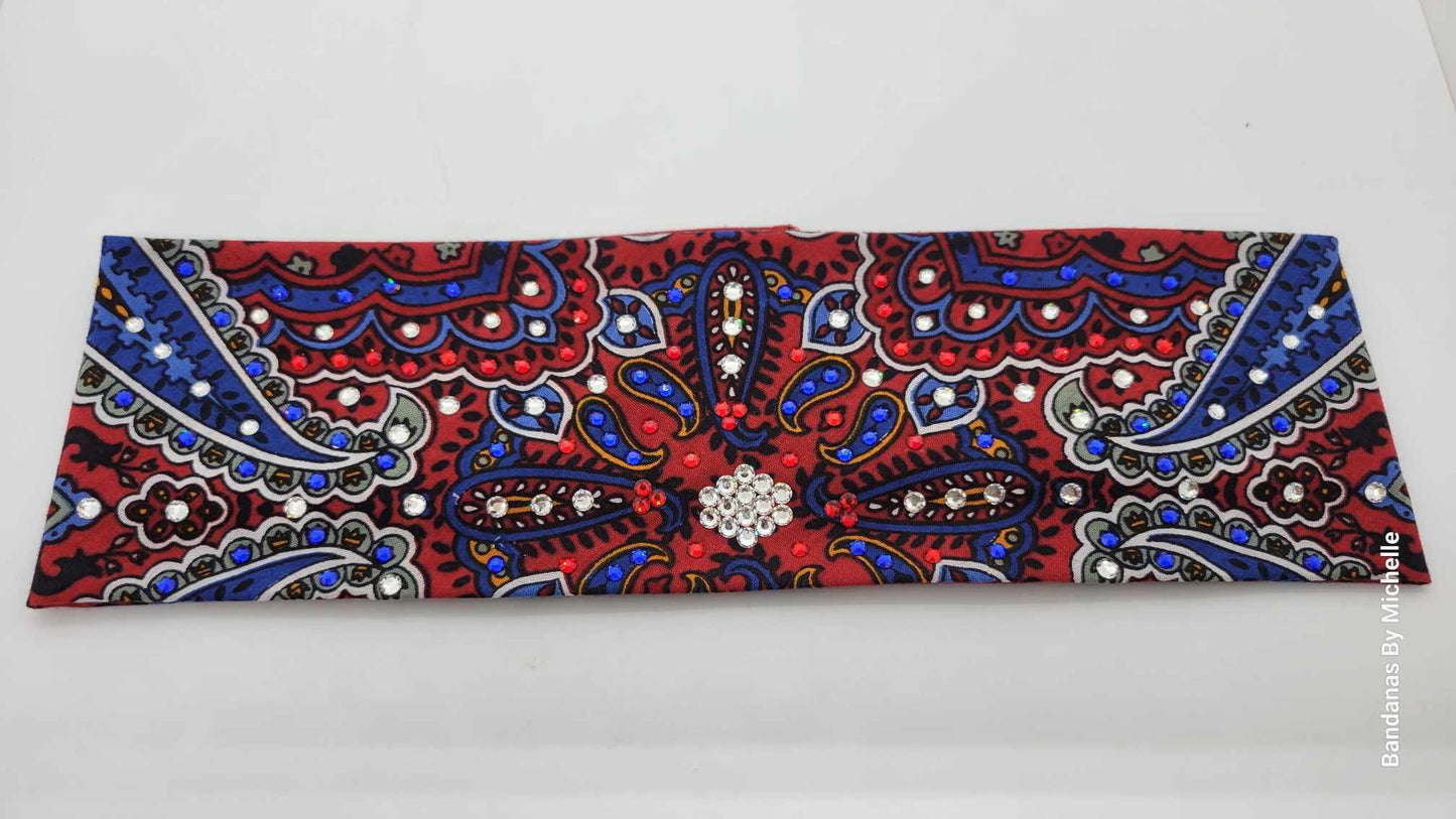 Red Indian Style Bandana with Red, Blue and Diamond Clear Austrian Crystals (Sku1203)
