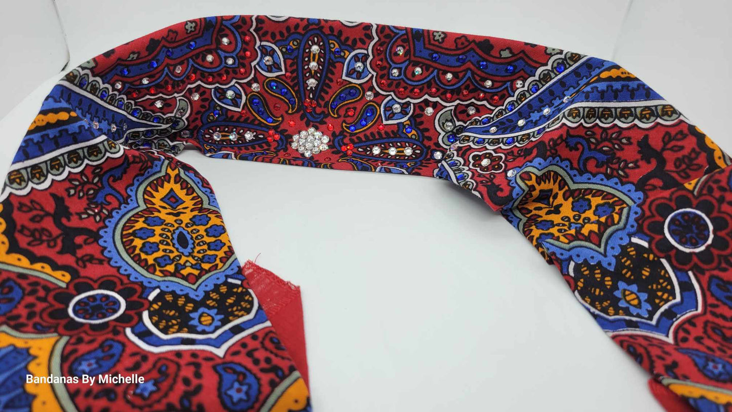 Red Indian Style Bandana with Red, Blue and Diamond Clear Austrian Crystals (Sku1203)