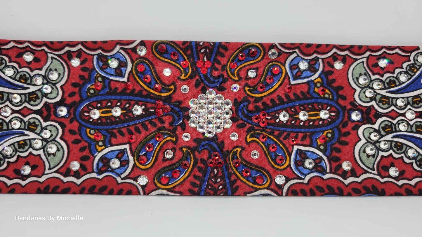 Narrow Red Indian Bandana with Red and Diamond Clear Austrian Crystals (Sku1204)