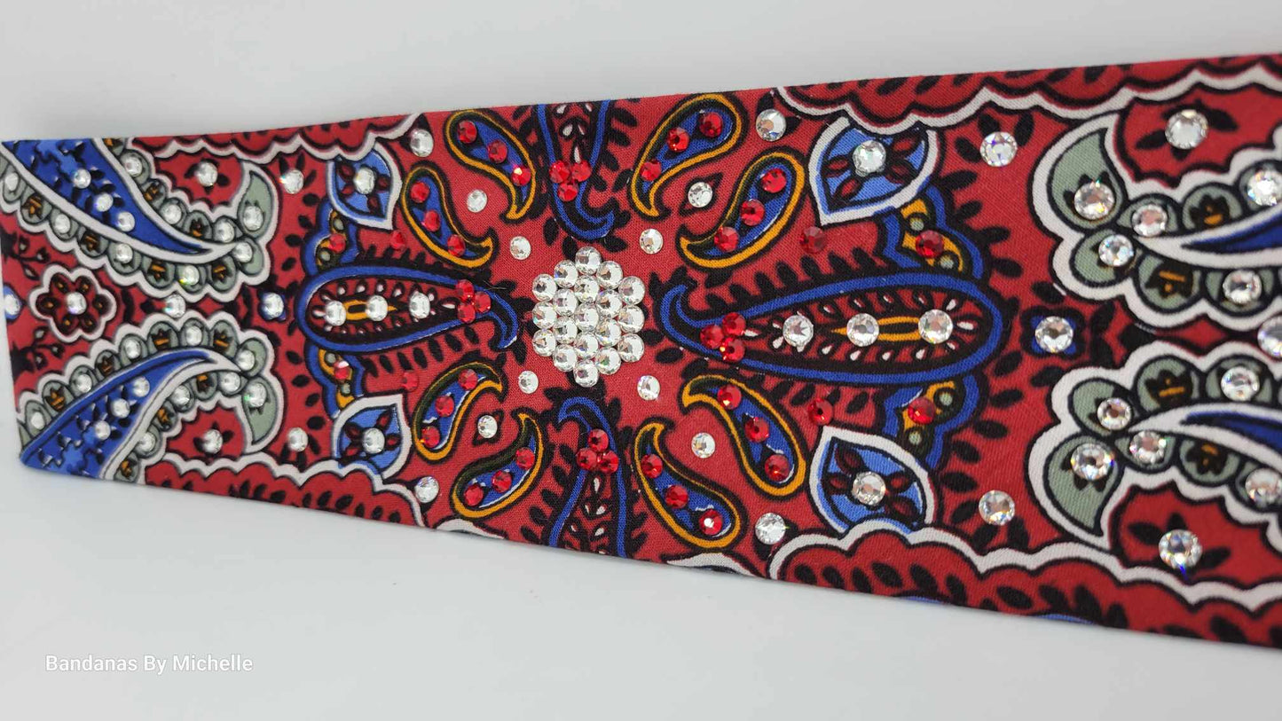 Narrow Red Indian Bandana with Red and Diamond Clear Austrian Crystals (Sku1204)