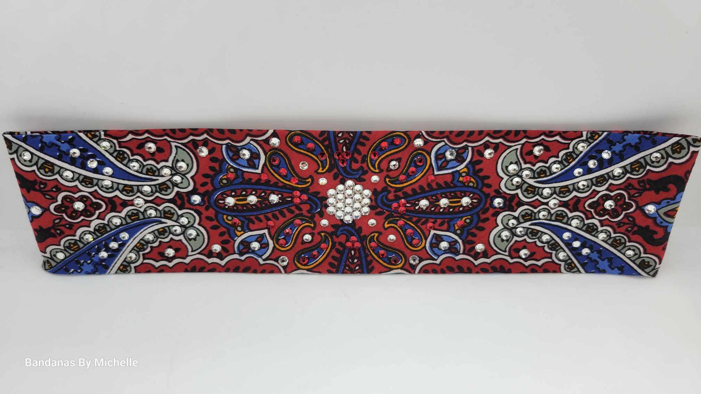 Narrow Red Indian Bandana with Red and Diamond Clear Austrian Crystals (Sku1204)