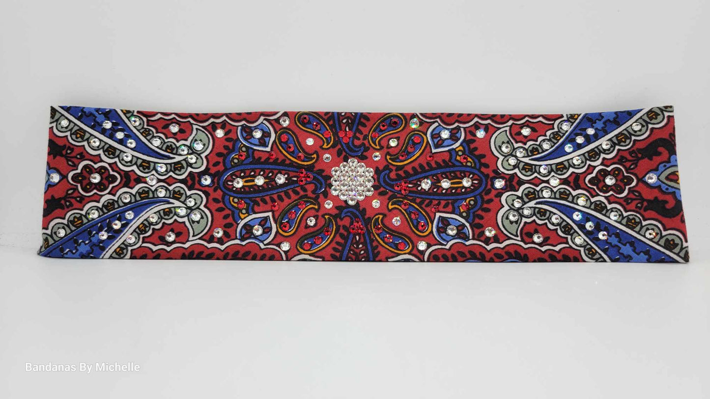 Narrow Red Indian Bandana with Red and Diamond Clear Austrian Crystals (Sku1204)