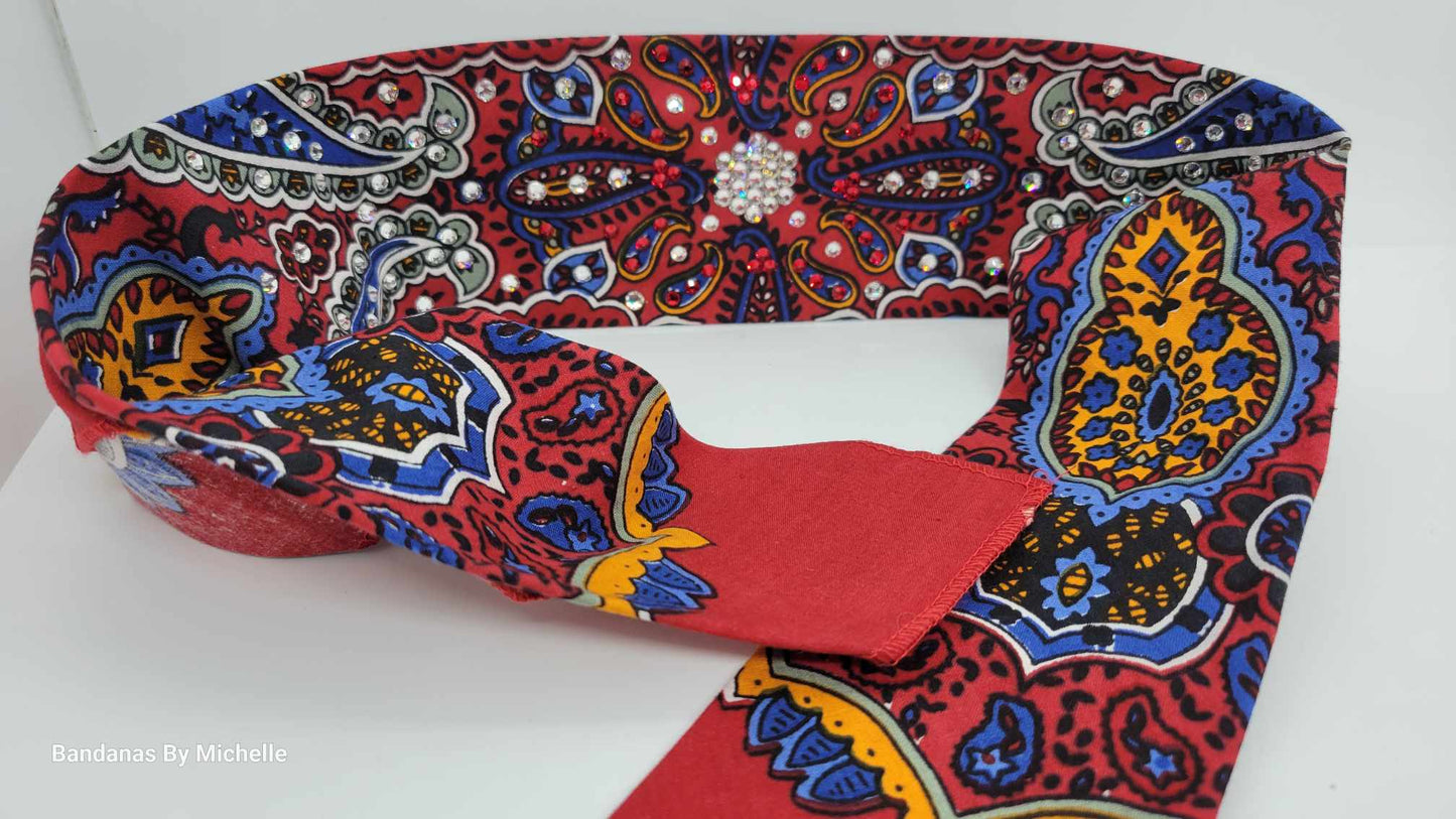 Narrow Red Indian Bandana with Red and Diamond Clear Austrian Crystals (Sku1204)