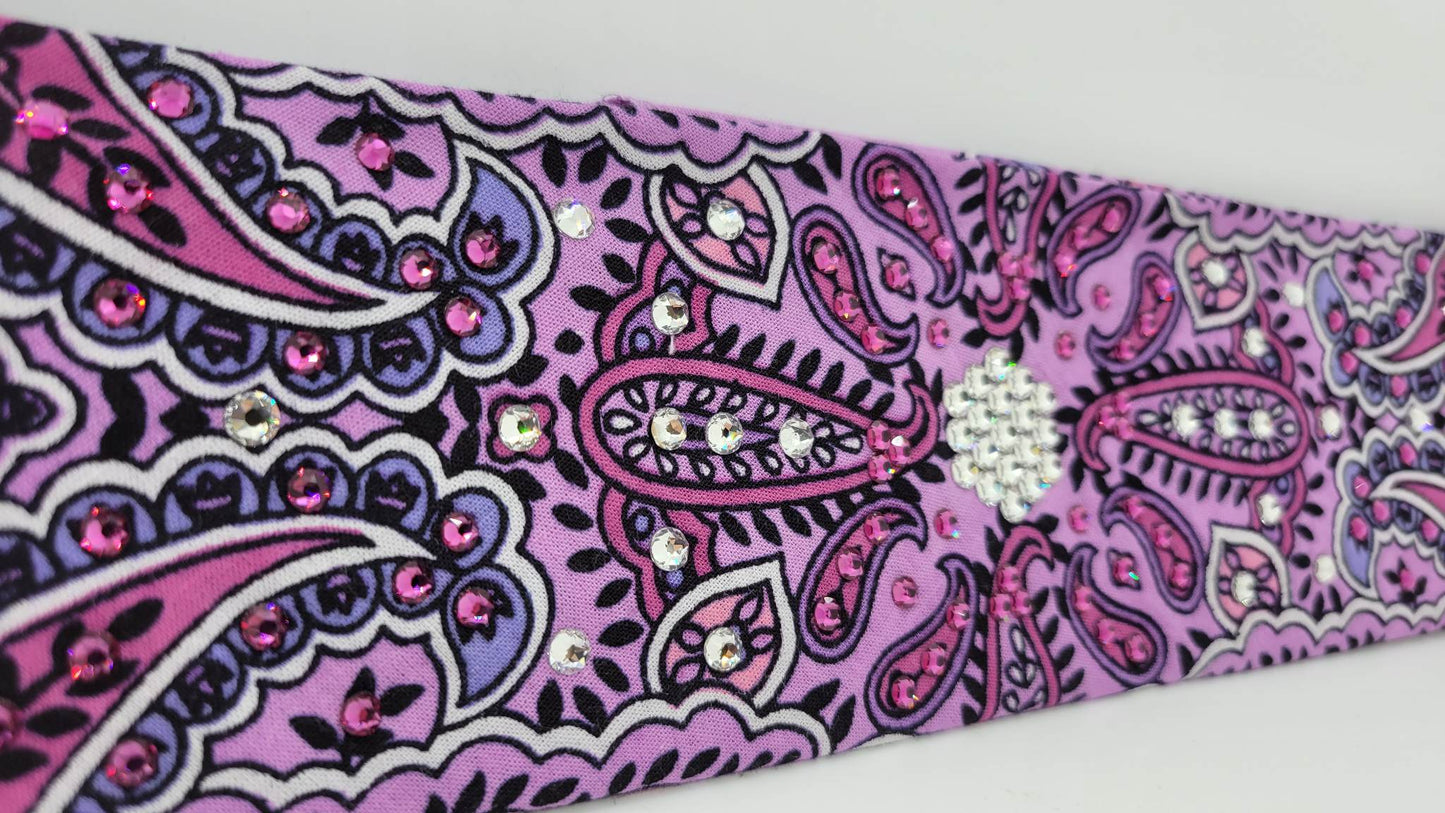 Narrow Lavender Indian Bandana with Fuchsia and Diamond Clear Austrian Crystals (Sku1399)