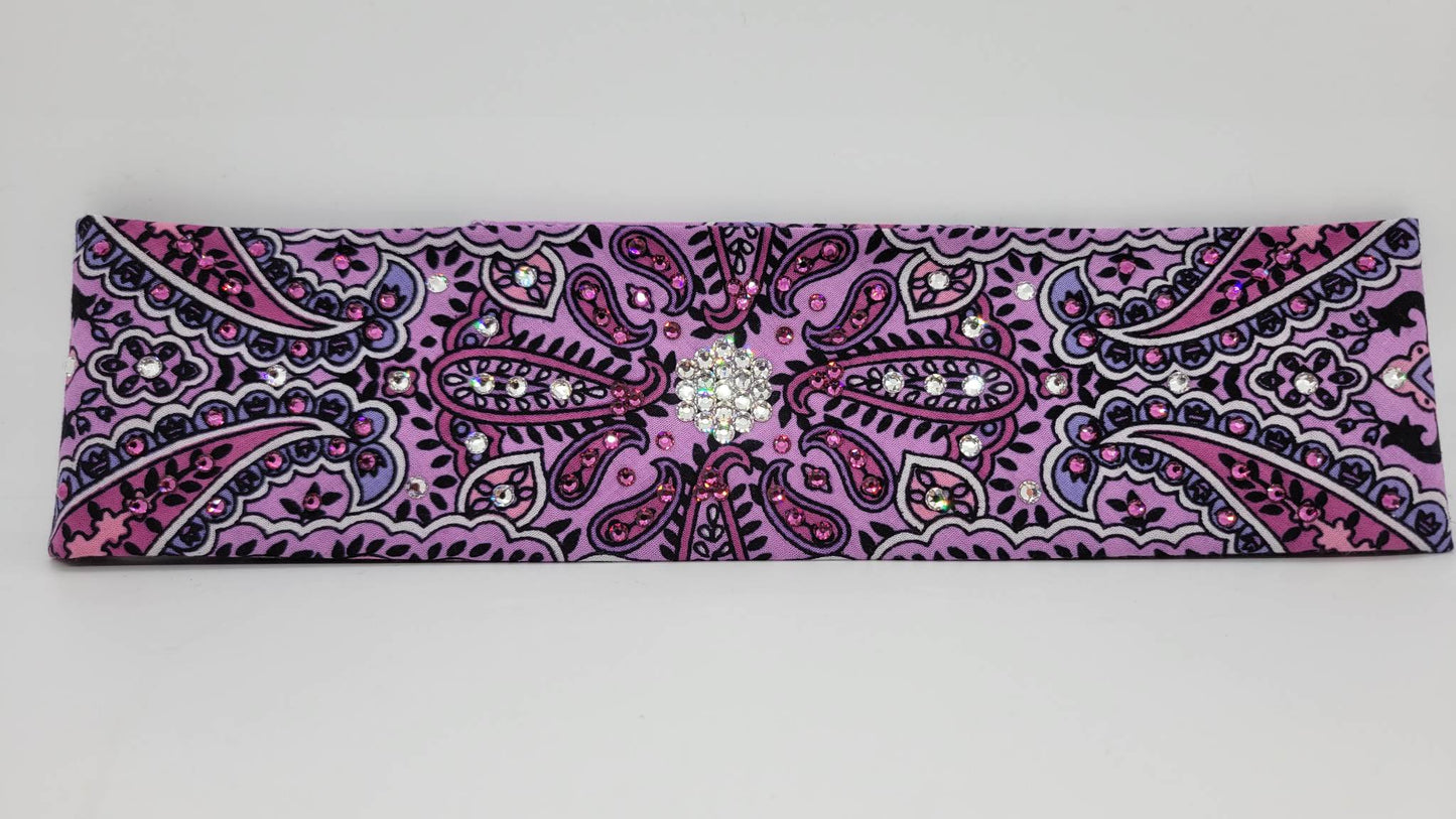 Narrow Lavender Indian Bandana with Fuchsia and Diamond Clear Austrian Crystals (Sku1399)
