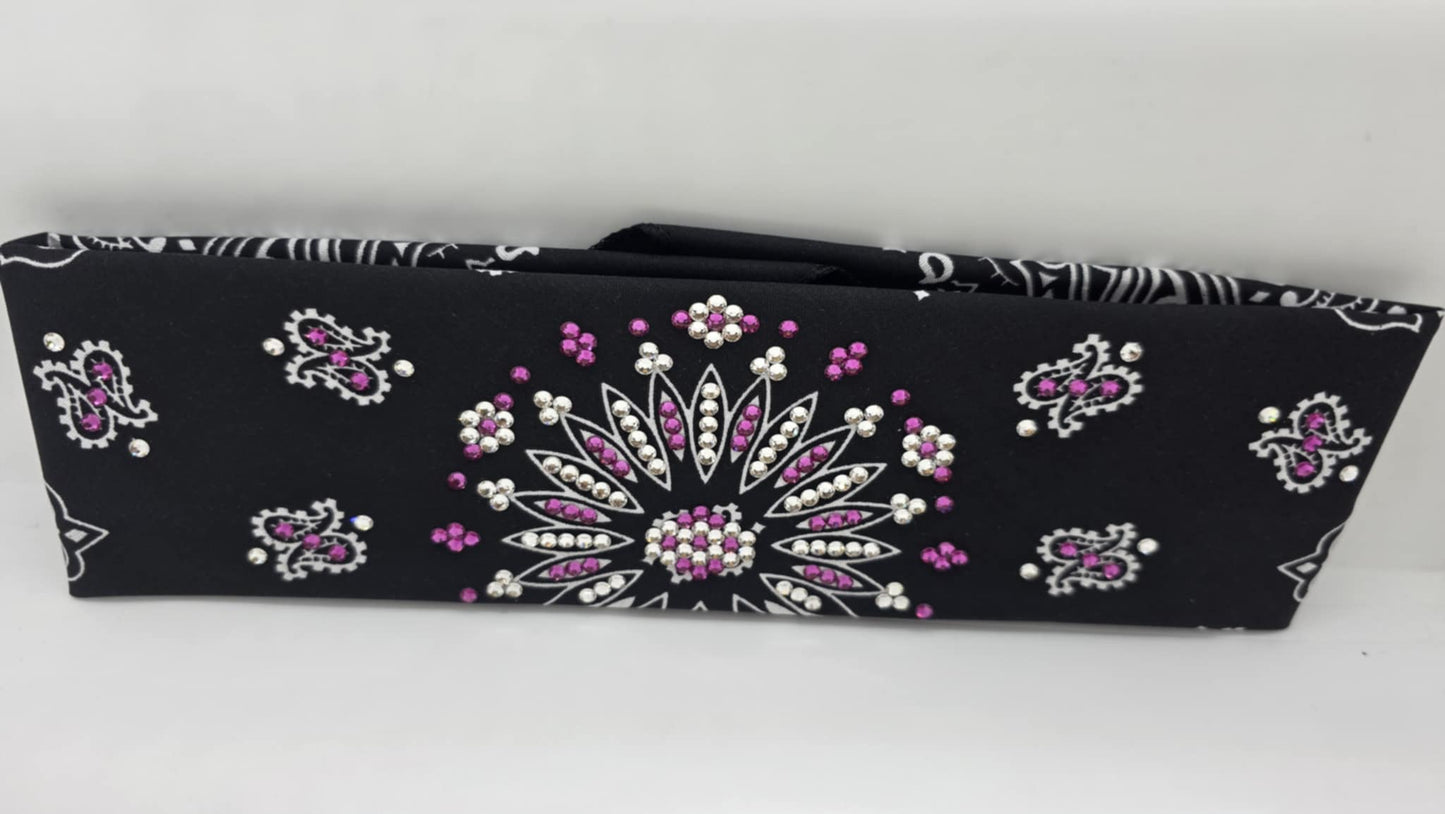EXTRA BLING - Black Paisley Bandana with Bright Pink and Diamond Clear Austrian Crystals (sku6398)