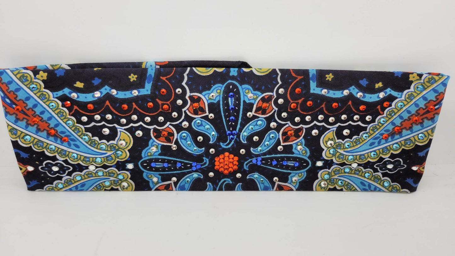 Blue Indian Design Bandana with Orange, Blue, Turquoise and Diamond Clear Austrian Crystals (Sku1404)