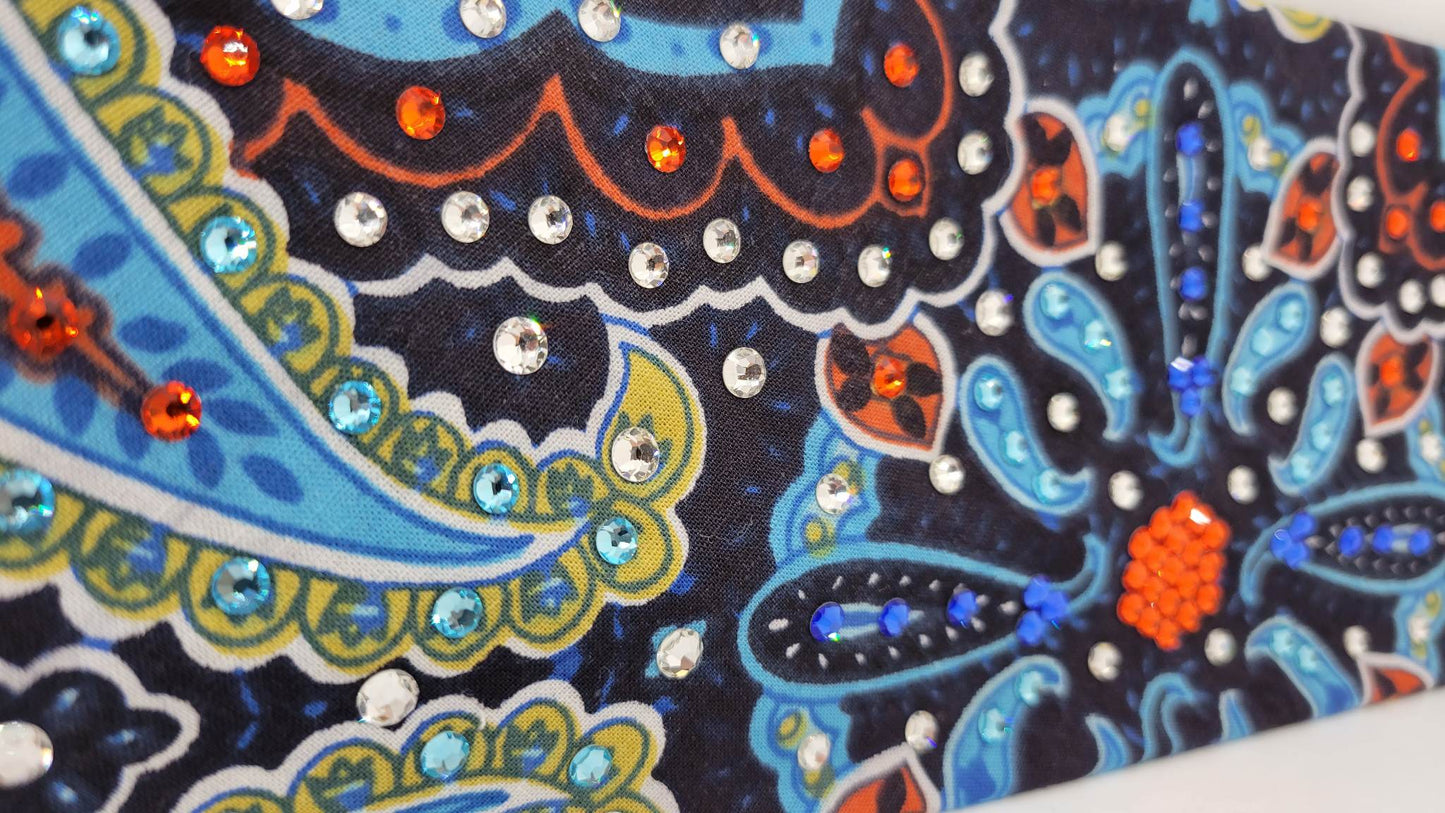 Blue Indian Design Bandana with Orange, Blue, Turquoise and Diamond Clear Austrian Crystals (Sku1404)