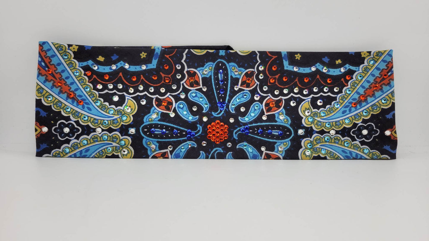 Blue Indian Design Bandana with Orange, Blue, Turquoise and Diamond Clear Austrian Crystals (Sku1404)