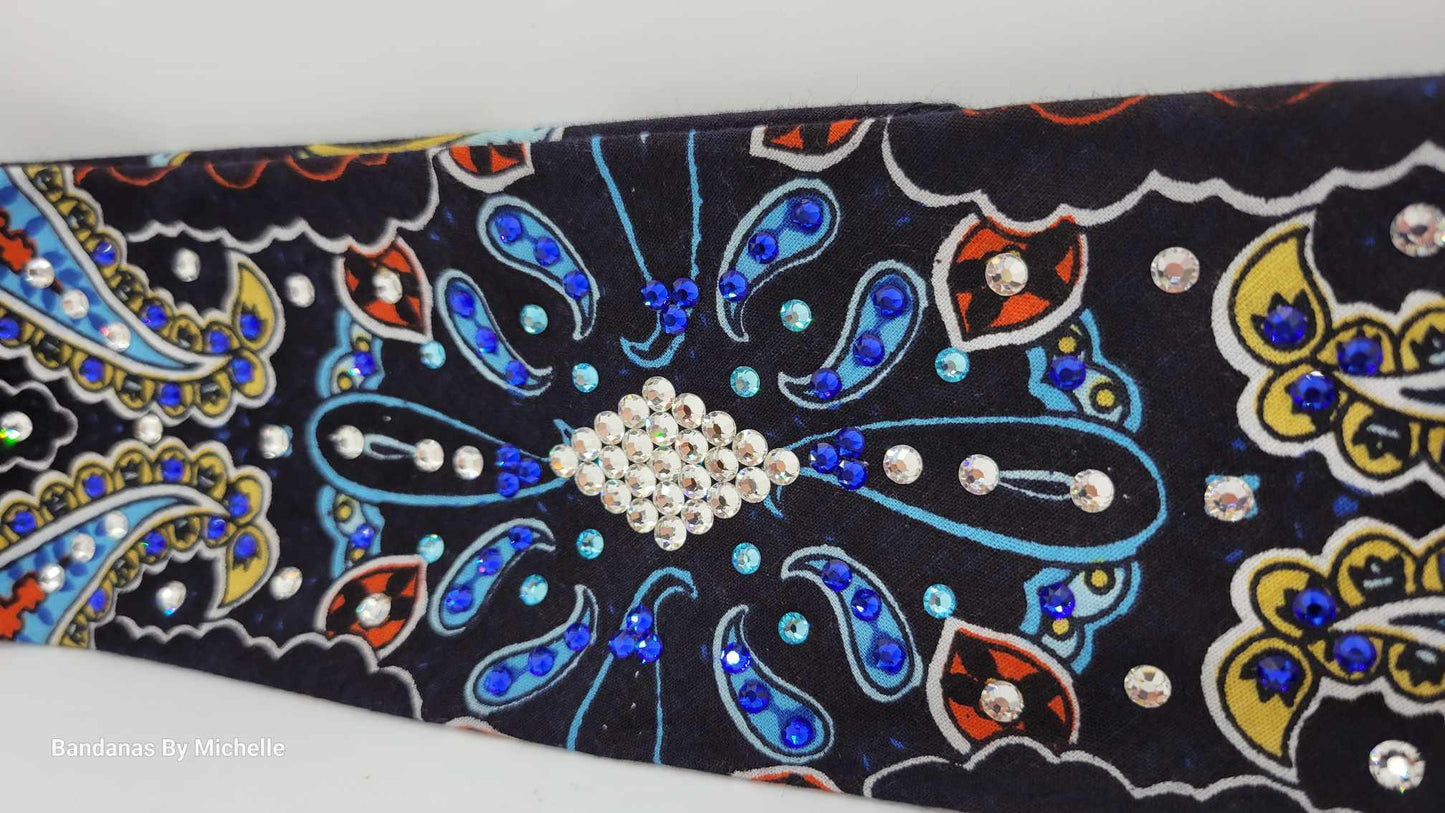 Narrow Blue Indian Bandana with Blue, Turquoise and Diamond Clear Austrian Crystals (Sku1405)