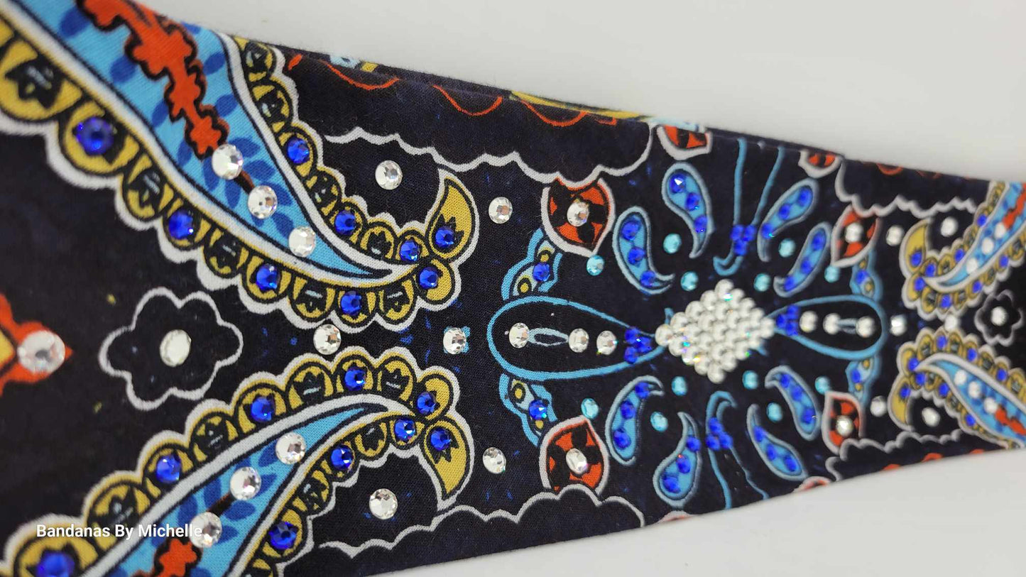 Narrow Blue Indian Bandana with Blue, Turquoise and Diamond Clear Austrian Crystals (Sku1405)