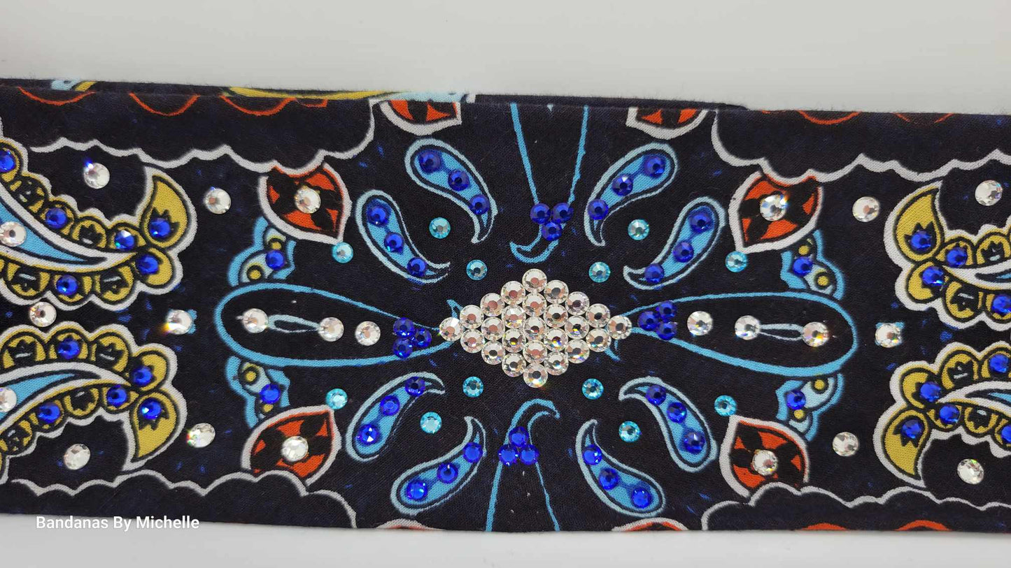 Narrow Blue Indian Bandana with Blue, Turquoise and Diamond Clear Austrian Crystals (Sku1405)