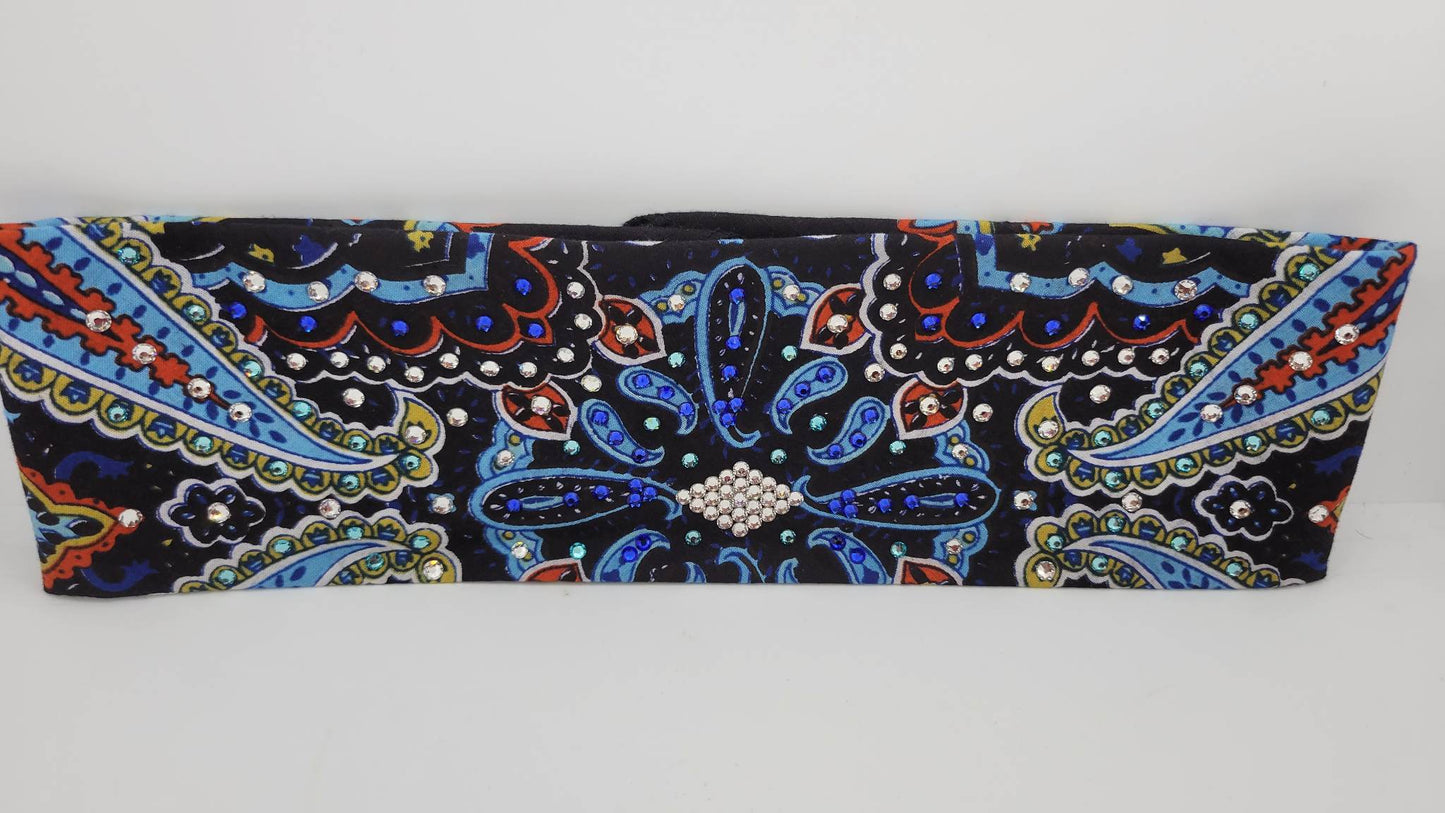 Blue Indian Design Bandana with Blue, Turquoise and Diamond Clear Austrian Crystals (Sku1406)