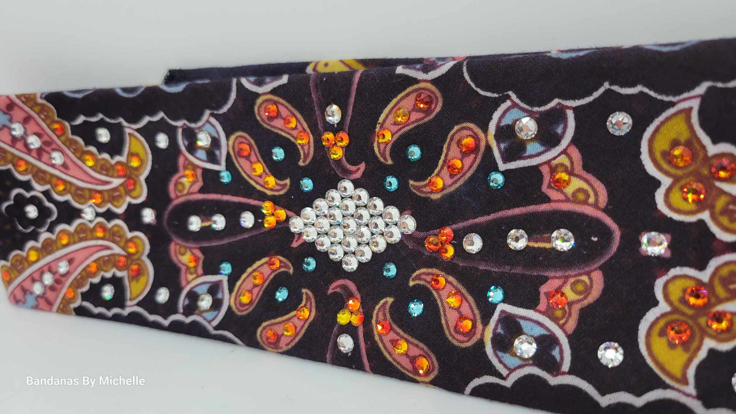 Narrow Coral Indian Bandana with Orange, Turquoise and Diamond Clear Austrian Crystals (Sku1411)