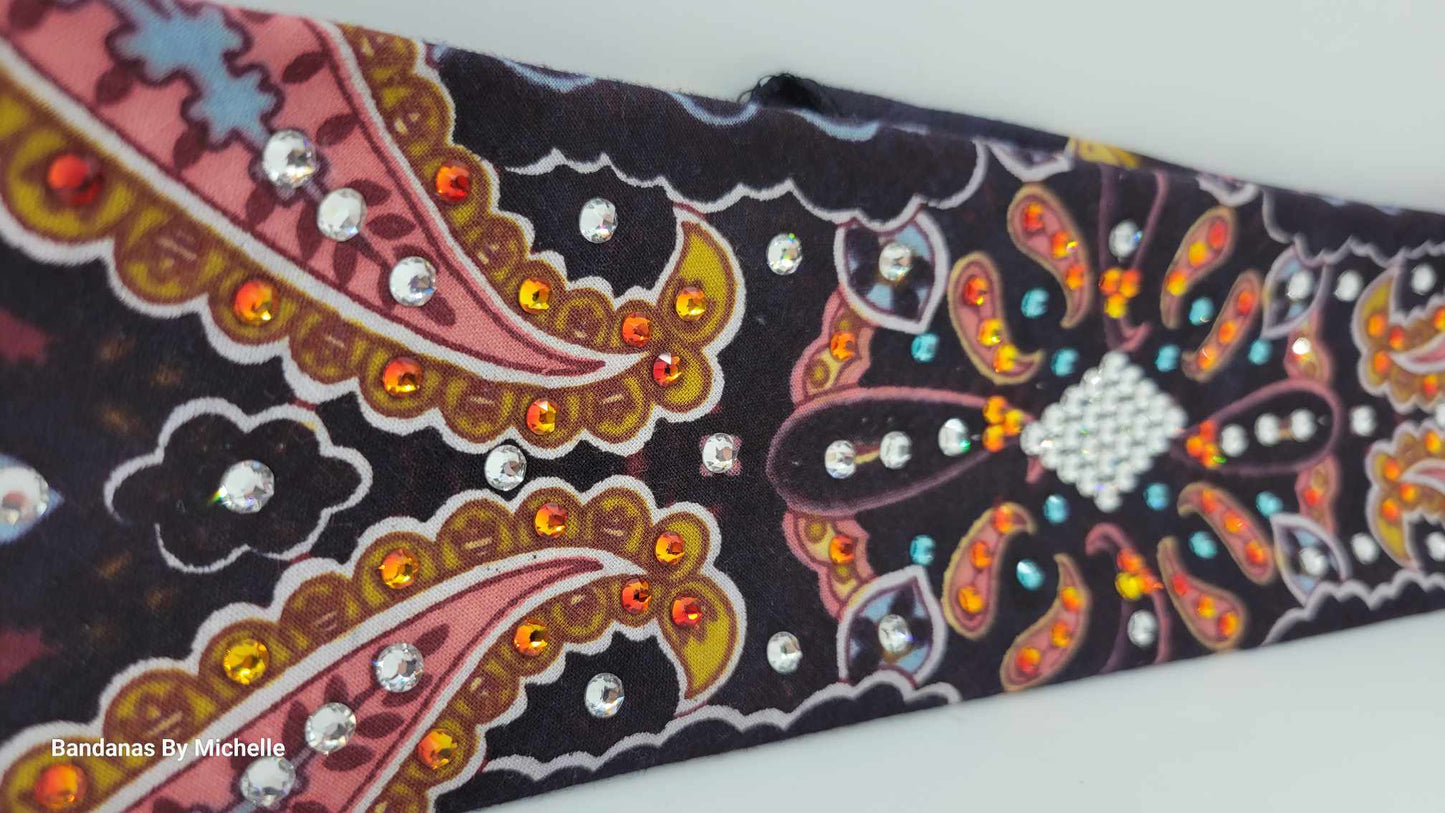 Narrow Coral Indian Bandana with Orange, Turquoise and Diamond Clear Austrian Crystals (Sku1411)