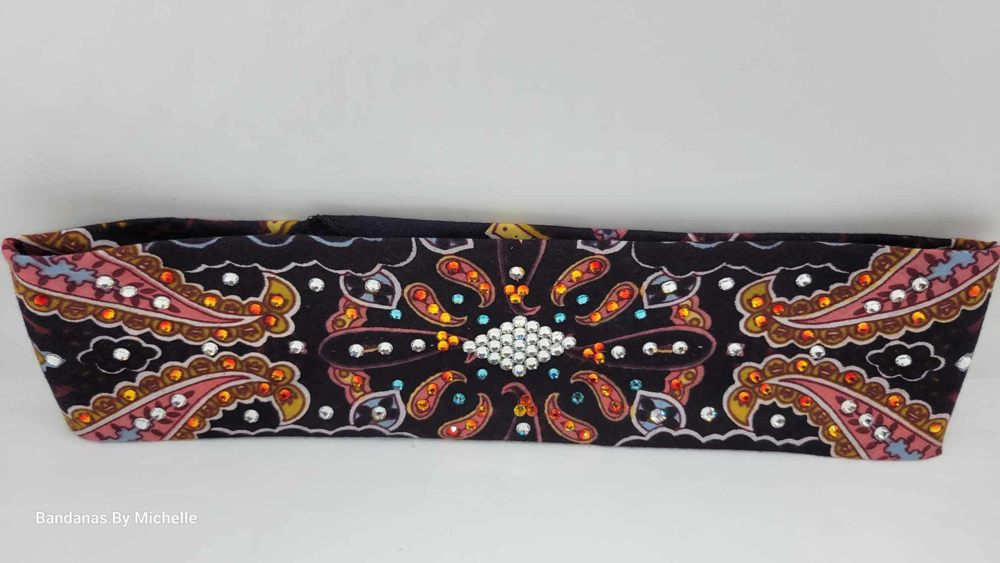 Narrow Coral Indian Bandana with Orange, Turquoise and Diamond Clear Austrian Crystals (Sku1411)