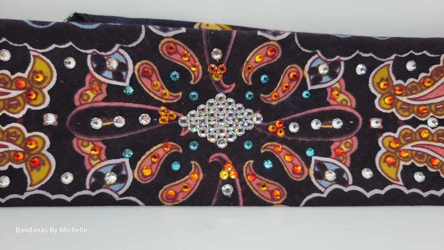 Narrow Coral Indian Bandana with Orange, Turquoise and Diamond Clear Austrian Crystals (Sku1411)