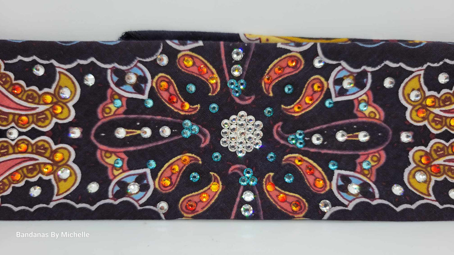 Narrow Octagon Center Coral Indian Bandana with Orange, Turquoise and Diamond Clear Austrian Crystals (Sku1412)